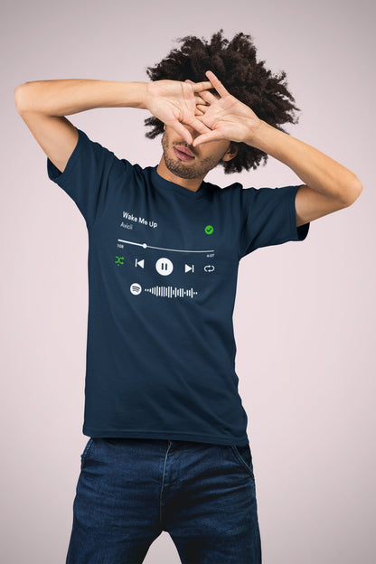 Spotify Player shirt van biologisch katoen met scanbare Spotify code! Je bepaalt natuurlijk zelf welk nummer er wordt afgespeeld. - Kleur: French Navy