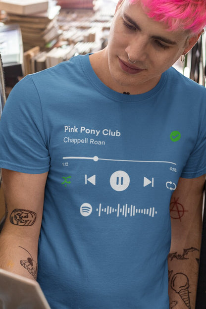 Spotify Player shirt van biologisch katoen met scanbare Spotify code! Je bepaalt natuurlijk zelf welk nummer er wordt afgespeeld. - Kleur: Mindful Blue