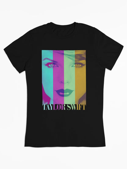 Taylor Swift T-shirt van biologisch katoen in Popart stijl (flat lay) - Kleur: Black